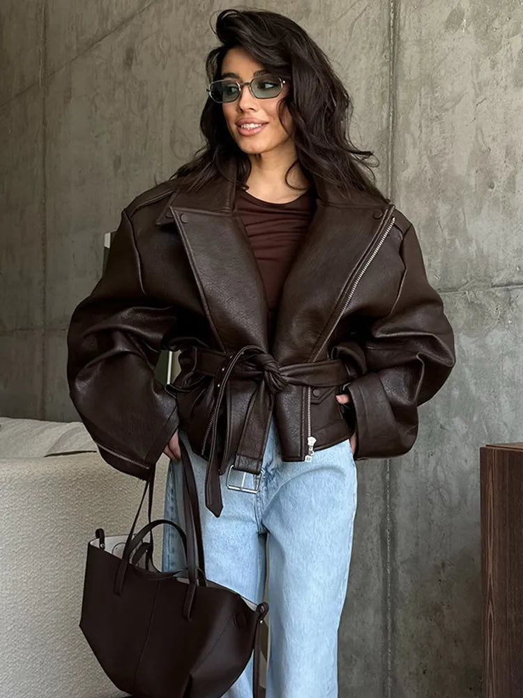 Fashion Green Loose Leather Jackets Women's Long Sleeve Short Coats