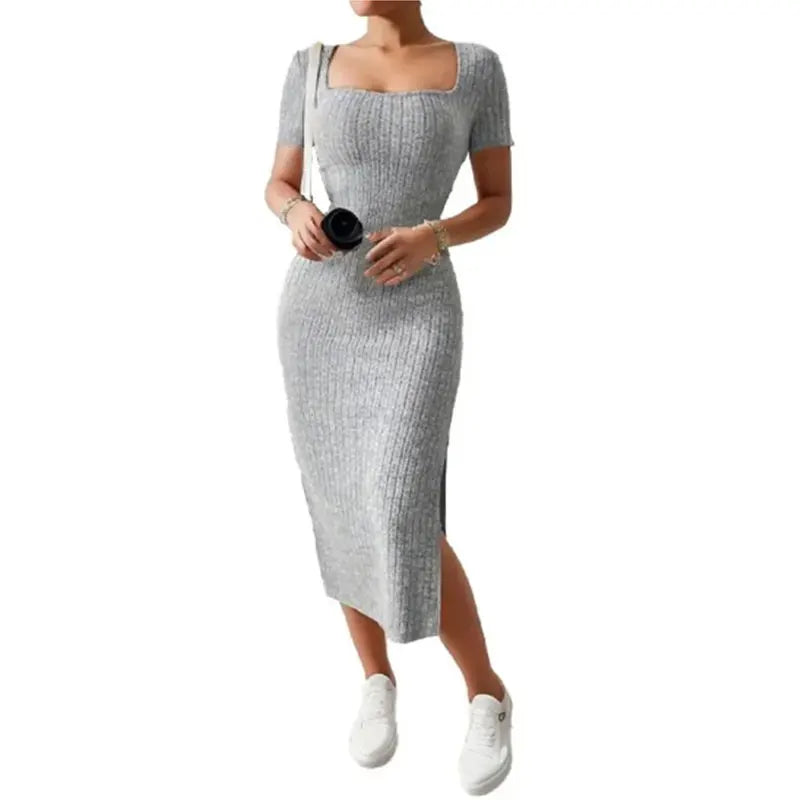 Square Neck Hip-Hugging Mid-Length Skirt, Short-Sleeved