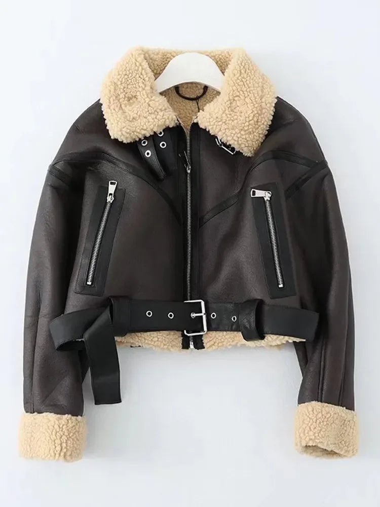 Women Streetwear Faux Lamb Leather Short Jacket with Belt