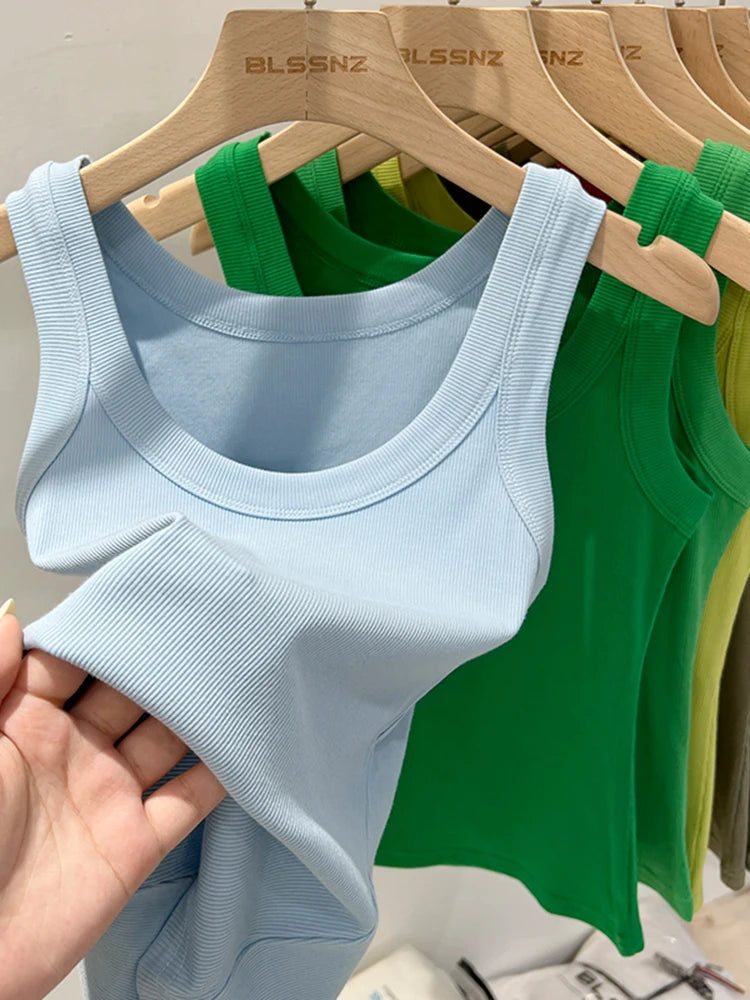 Women 2025 Summer Basic Elastic Tank Top O Neck Solid Top