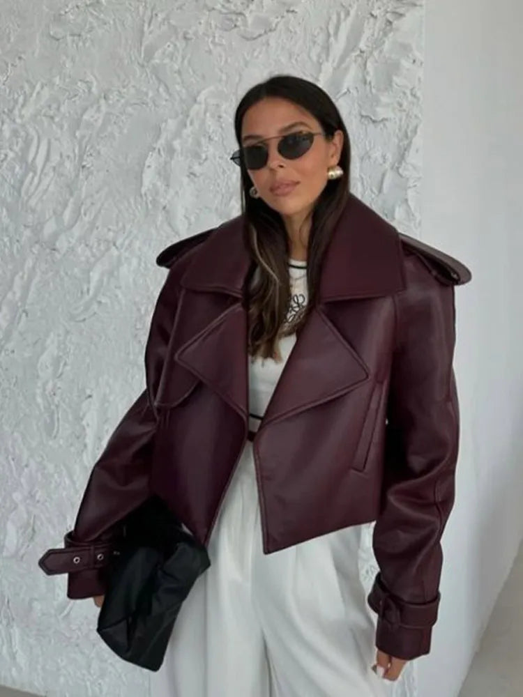 Fashion Green Loose Leather Jackets Women's Long Sleeve Short Coats