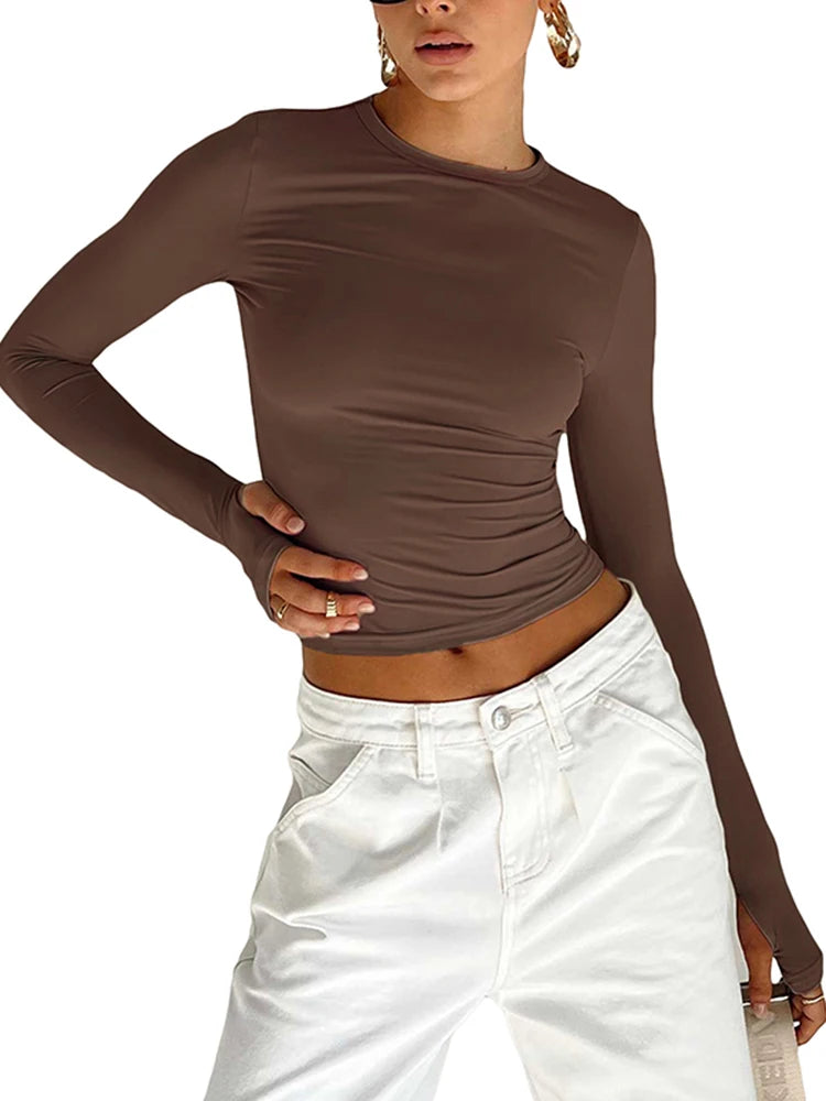 Women T-shirt Long Sleeve Crew Neck Solid Slim Fit Ladies Crop Top