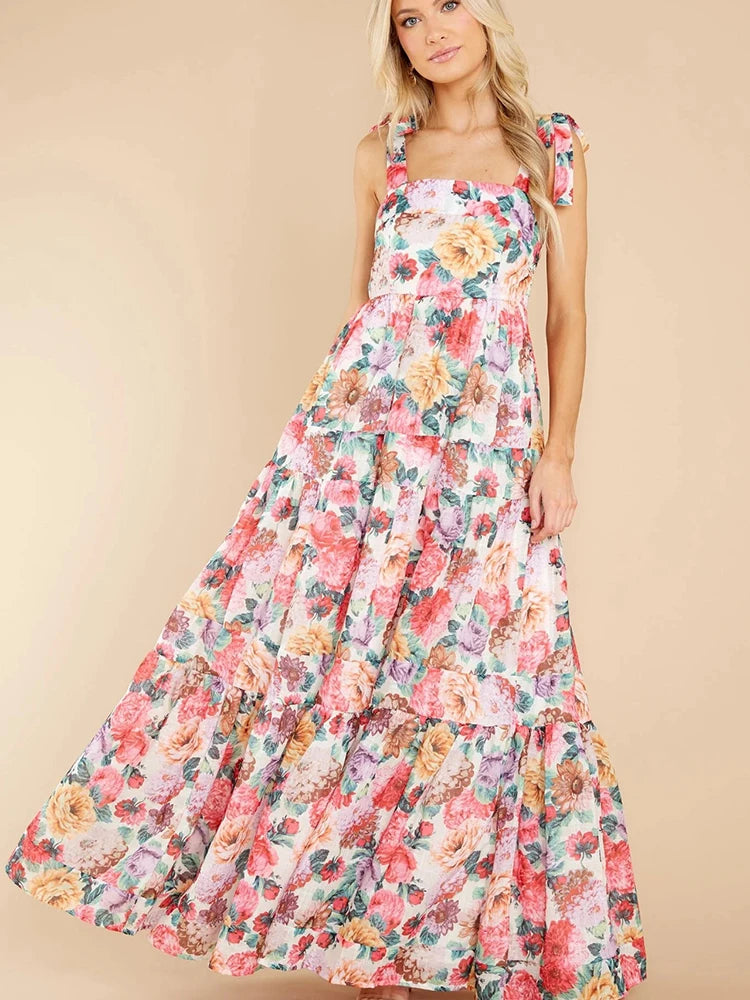 Long Dresses For Women Summer Sexy Floral Backless Ruffle Dress