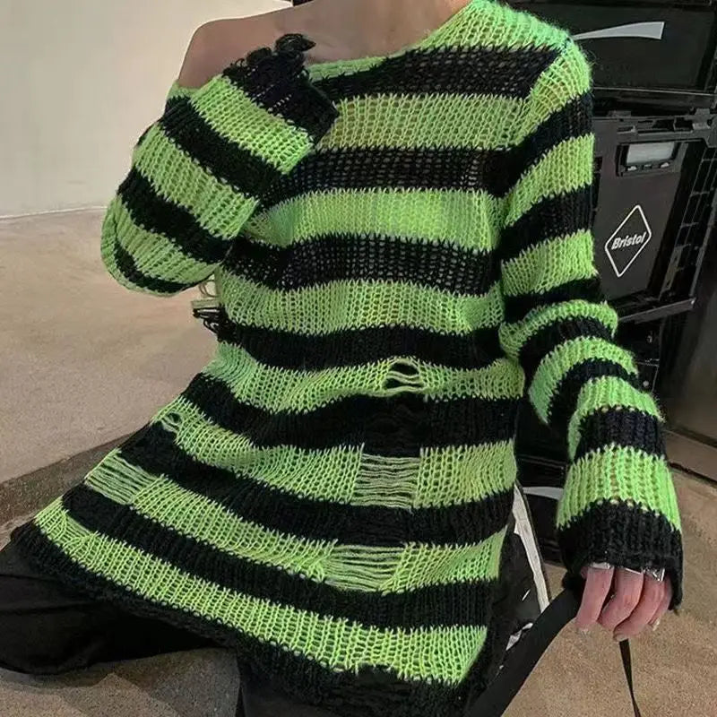 Unisex Sweater Summer Women Striped Cool Hollow Out Hole Streetwear Top
