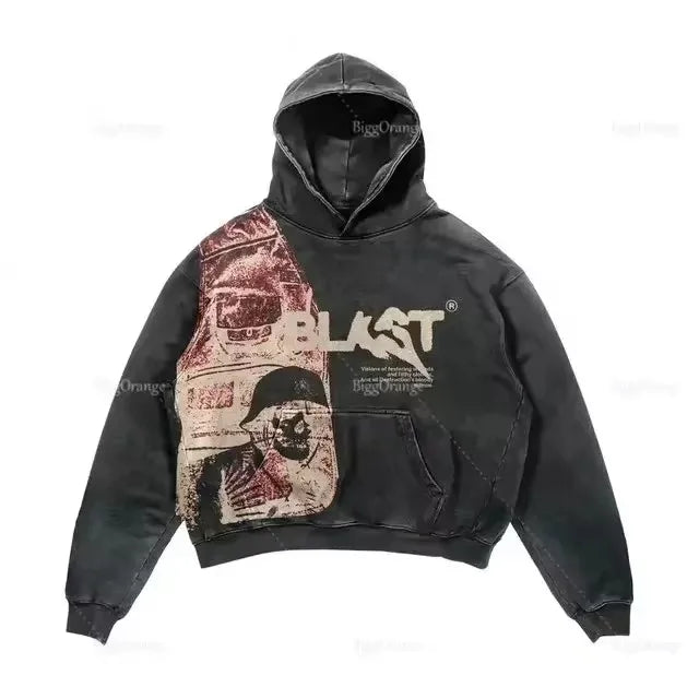 Black Cool Printed Pattern Cotton Pullovers Loose Sweatshirts
