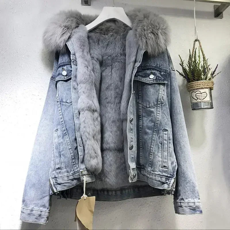 Women Denim Jackets Fleece Outerwear Casual Warm