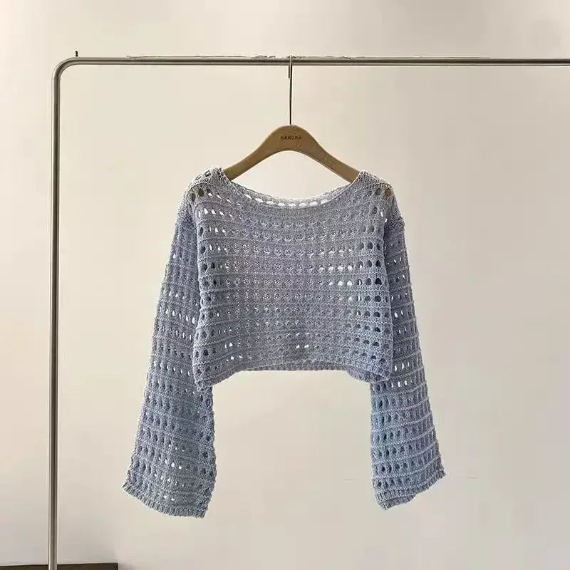 Long Sleeve Crochet Knit Top Pullover Wool Knitwear Outfit