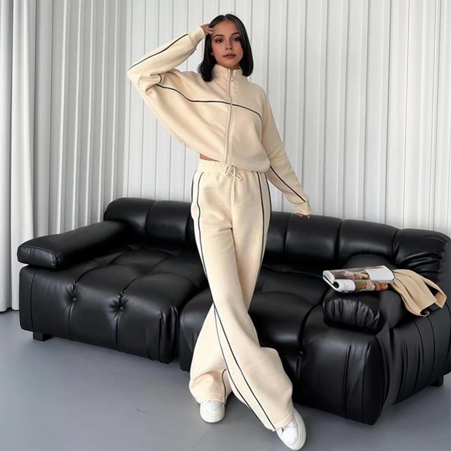 Women Sportwear Half-high Collar Pullover Baggy Trousers