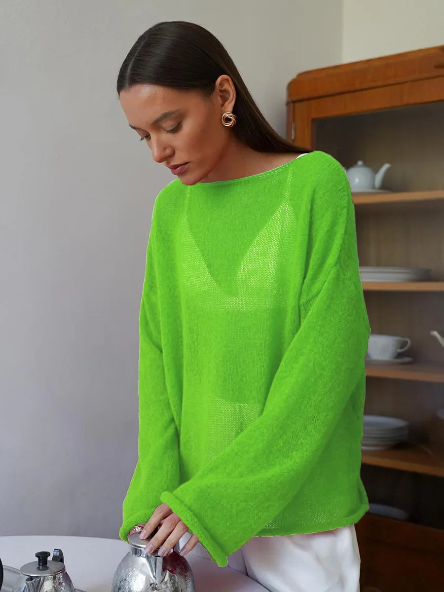 Pullover Women's Solid See-through T-Shirt Loose Casual Pullover