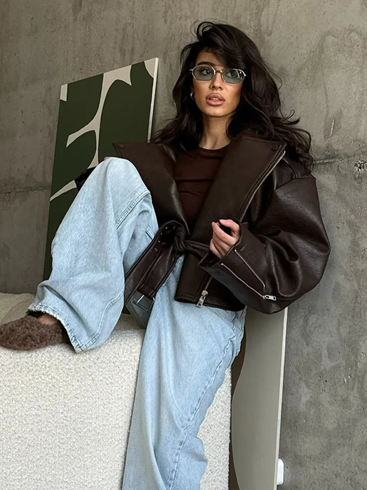 Women Chic Brown Leather Jacket With Belt Chic Long Sleeve Laple Zipper Short Coats