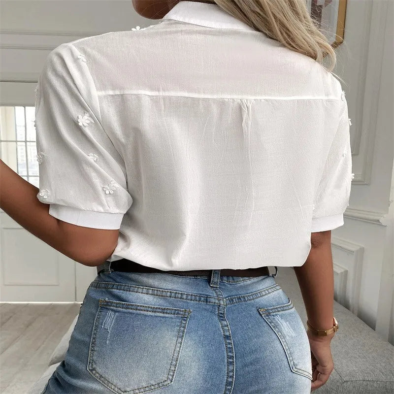 Short Sleeve White Shirt Vintage Tops Crochet Hollow Blouses For Women
