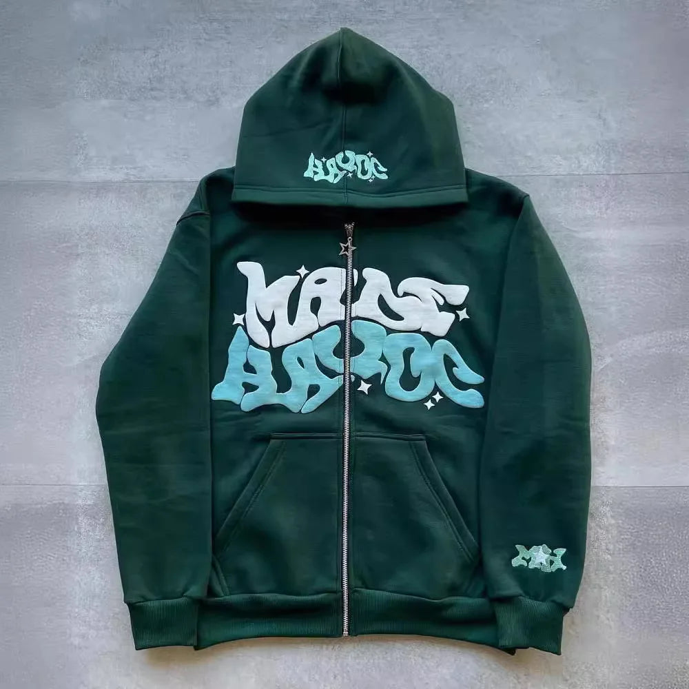 American Colorful Letter Print Zipper Hoodie Men Fashion High Street Oversized Sweatshirt Women Retro Casual Jacket