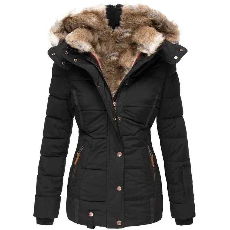 Collar Cotton Coat Women Zipper Long Sleeve Slim Fit Hooded Cotton Coat