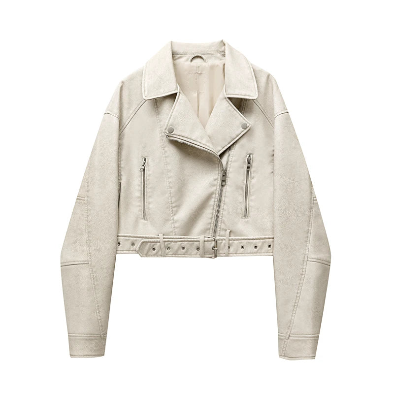 Women Vintage Leather Short Jacket with Belt