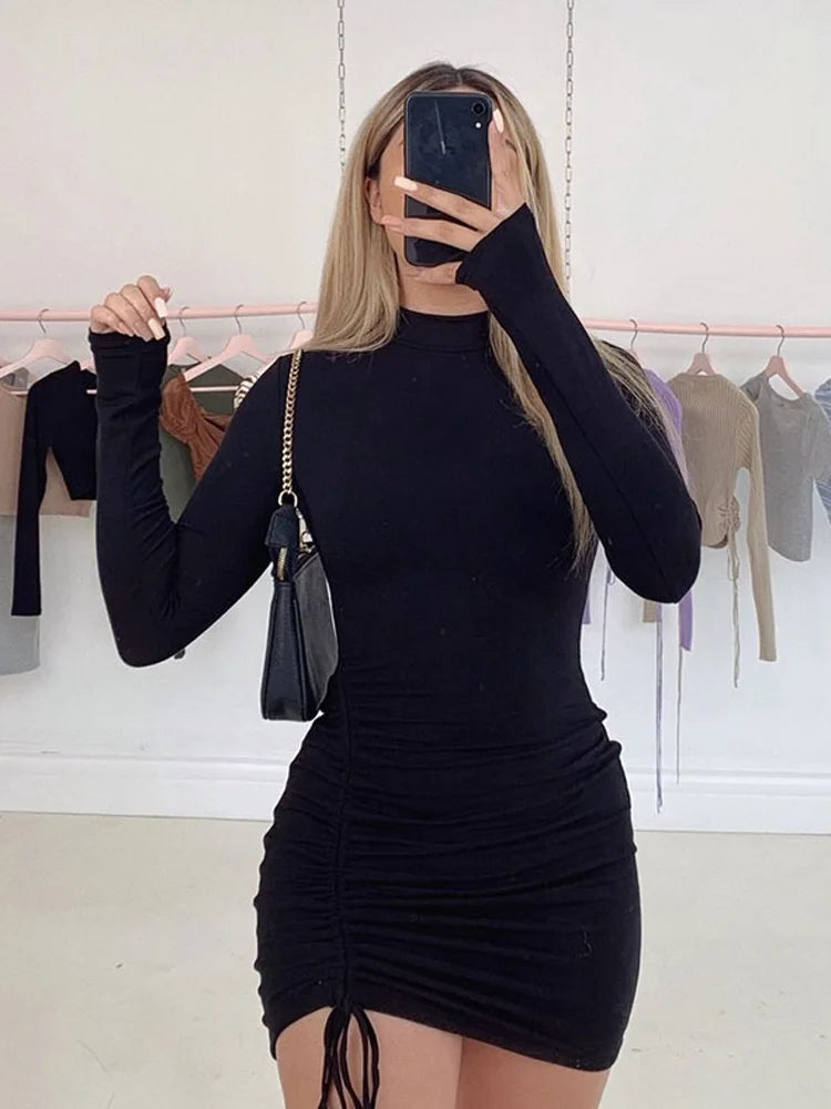 Long Sleeve Mini Dresses Autumn Black Skinny Stretchy