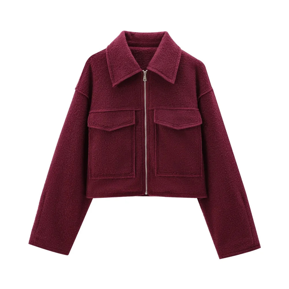 Women Fashion Patch Pockets With Flaps Cropped Jacket Coat