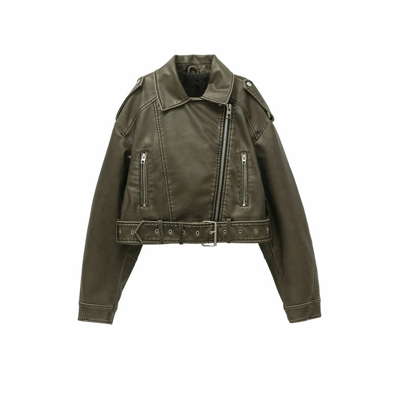 Women Vintage Leather Short Jacket with Belt