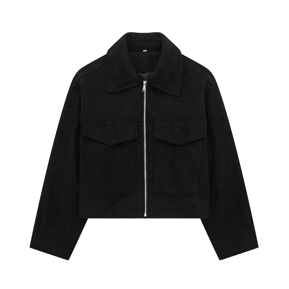 Women Fashion Patch Pockets With Flaps Cropped Jacket Coat