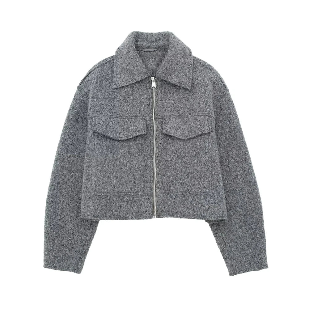 Women Fashion Patch Pockets With Flaps Cropped Jacket Coat