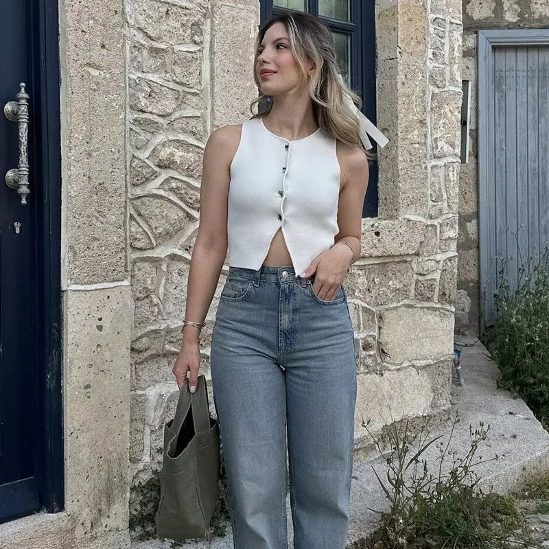 Women Button Short Tops Streetwear Vest