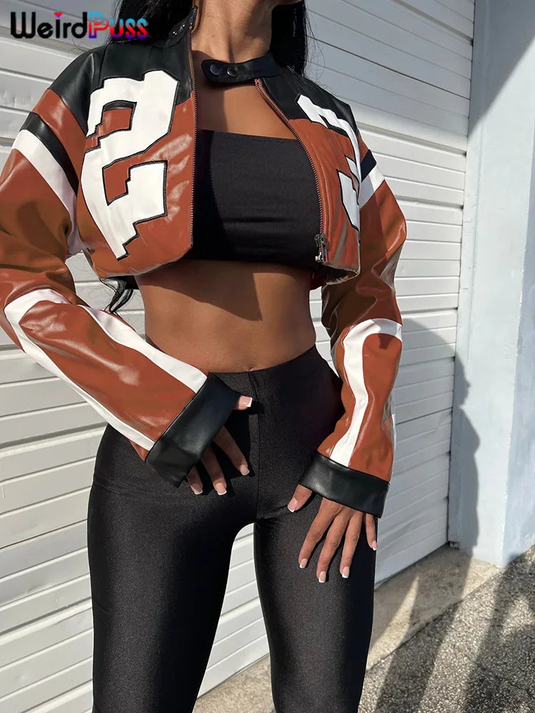 Leather Varsity Jacket Women Hipster Letter Print Streetwear Uniform
