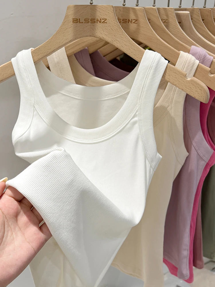 Women 2025 Summer Basic Elastic Tank Top O Neck Solid Top