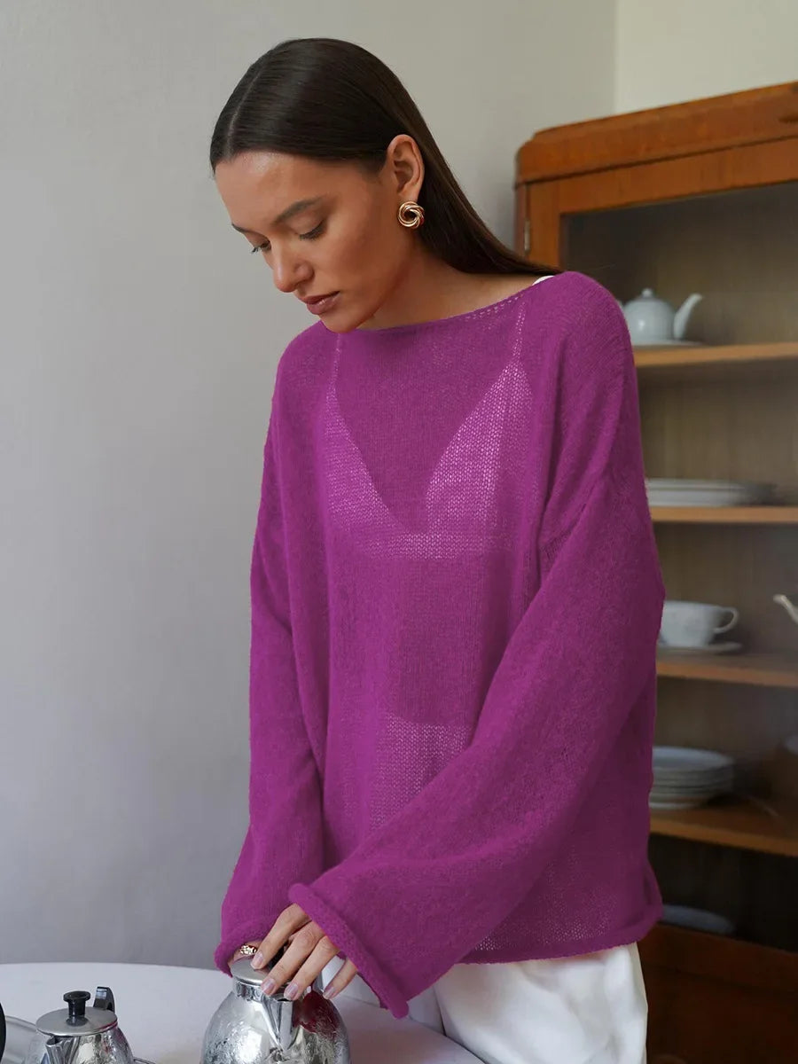 Pullover Women's Solid See-through T-Shirt Loose Casual Pullover
