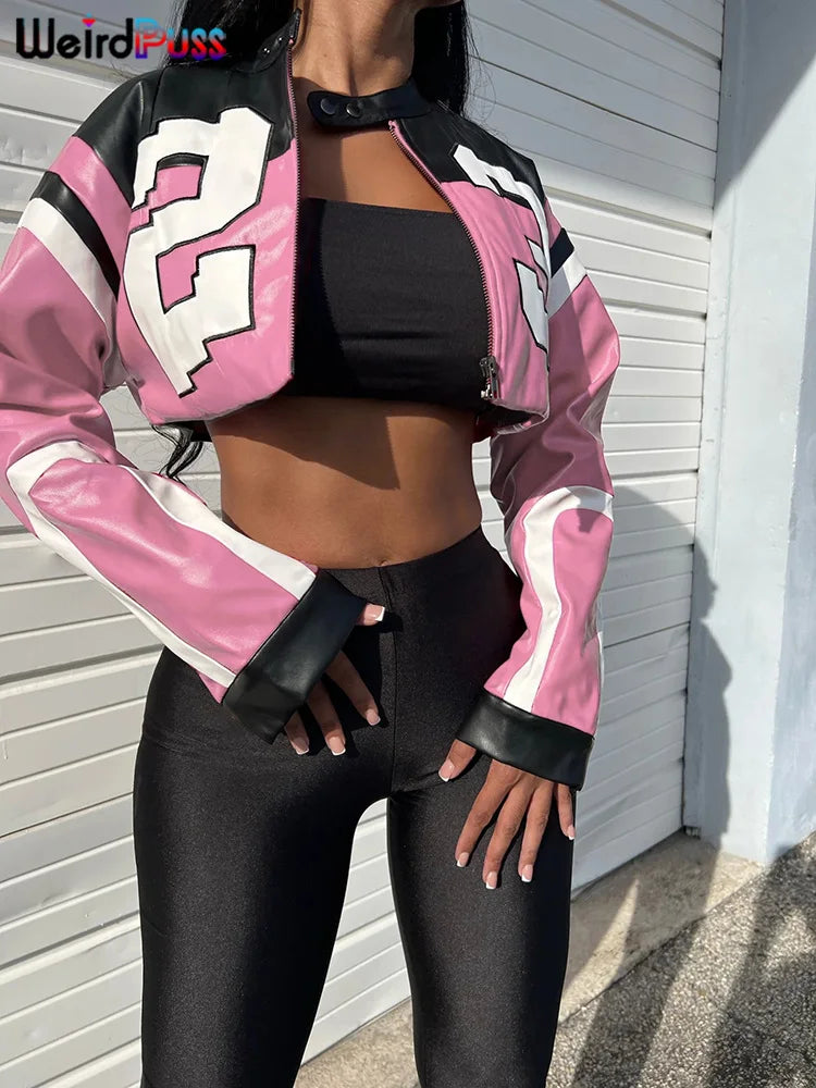 Leather Varsity Jacket Women Hipster Letter Print Streetwear Uniform