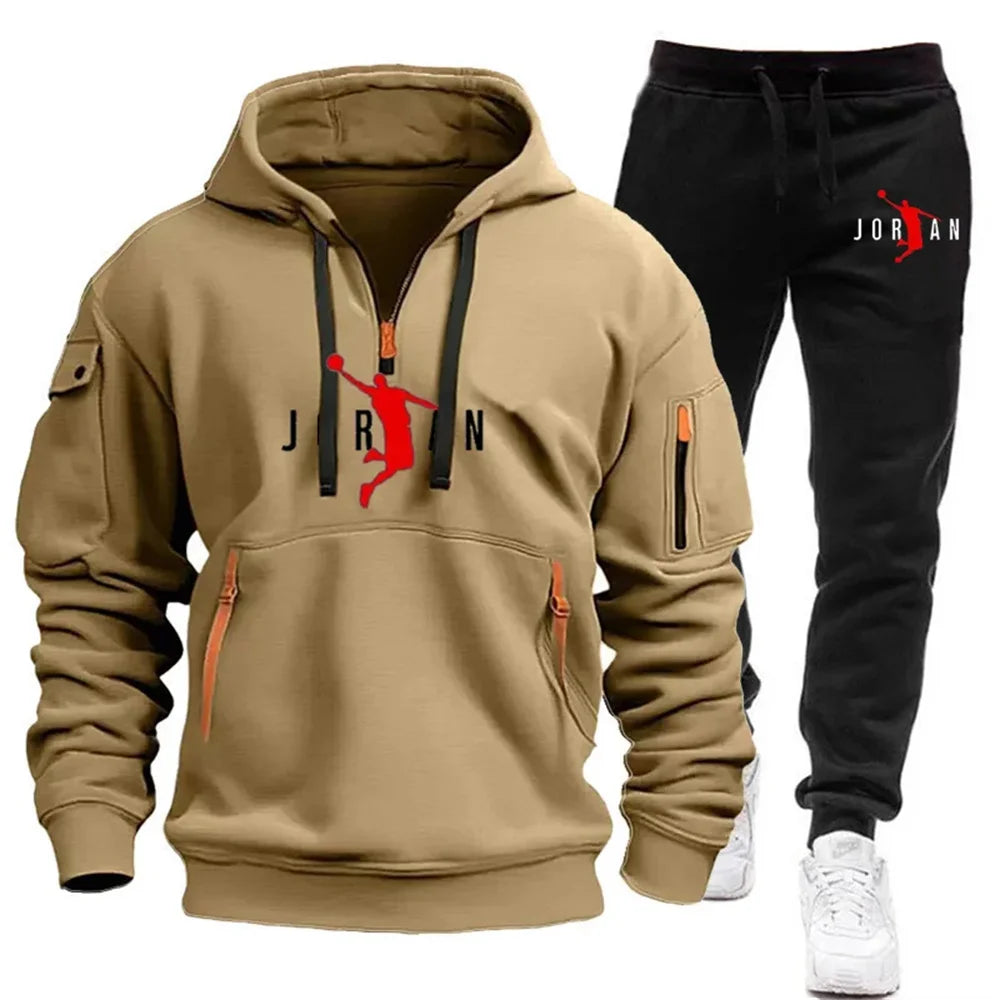 men's zipper multi-pocket hoodie loose casual sweater suit spring and autumn