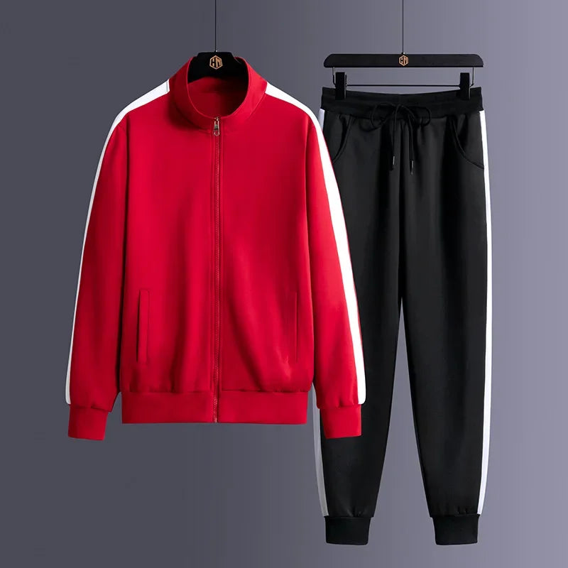 Men Zip Pocket Running Sets Striped Sporting Suit Jacket+ Sweatpants