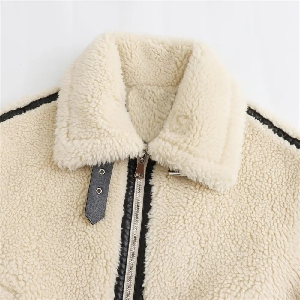 New Women's European and American Style Artificial Fur Effect Motorcycle Jacket Coat