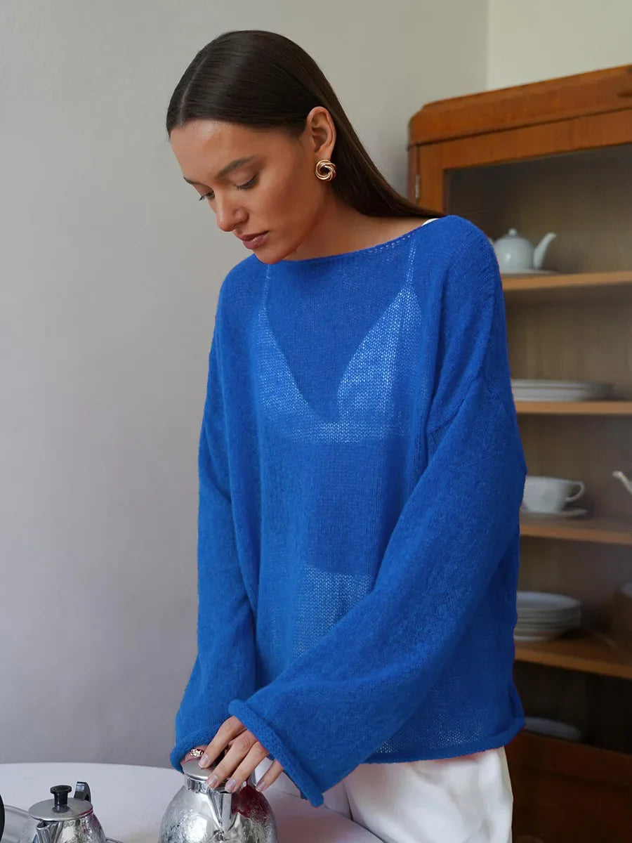 Pullover Women's Solid See-through T-Shirt Loose Casual Pullover