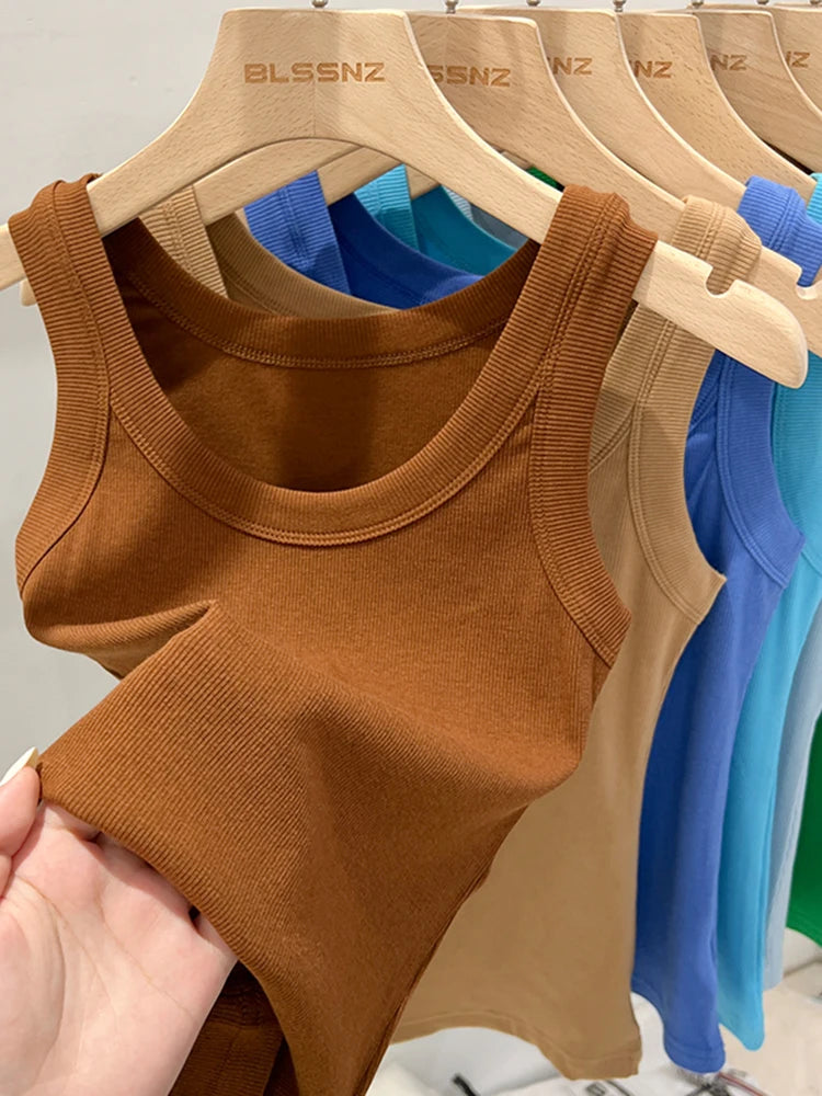 Women 2025 Summer Basic Elastic Tank Top O Neck Solid Top