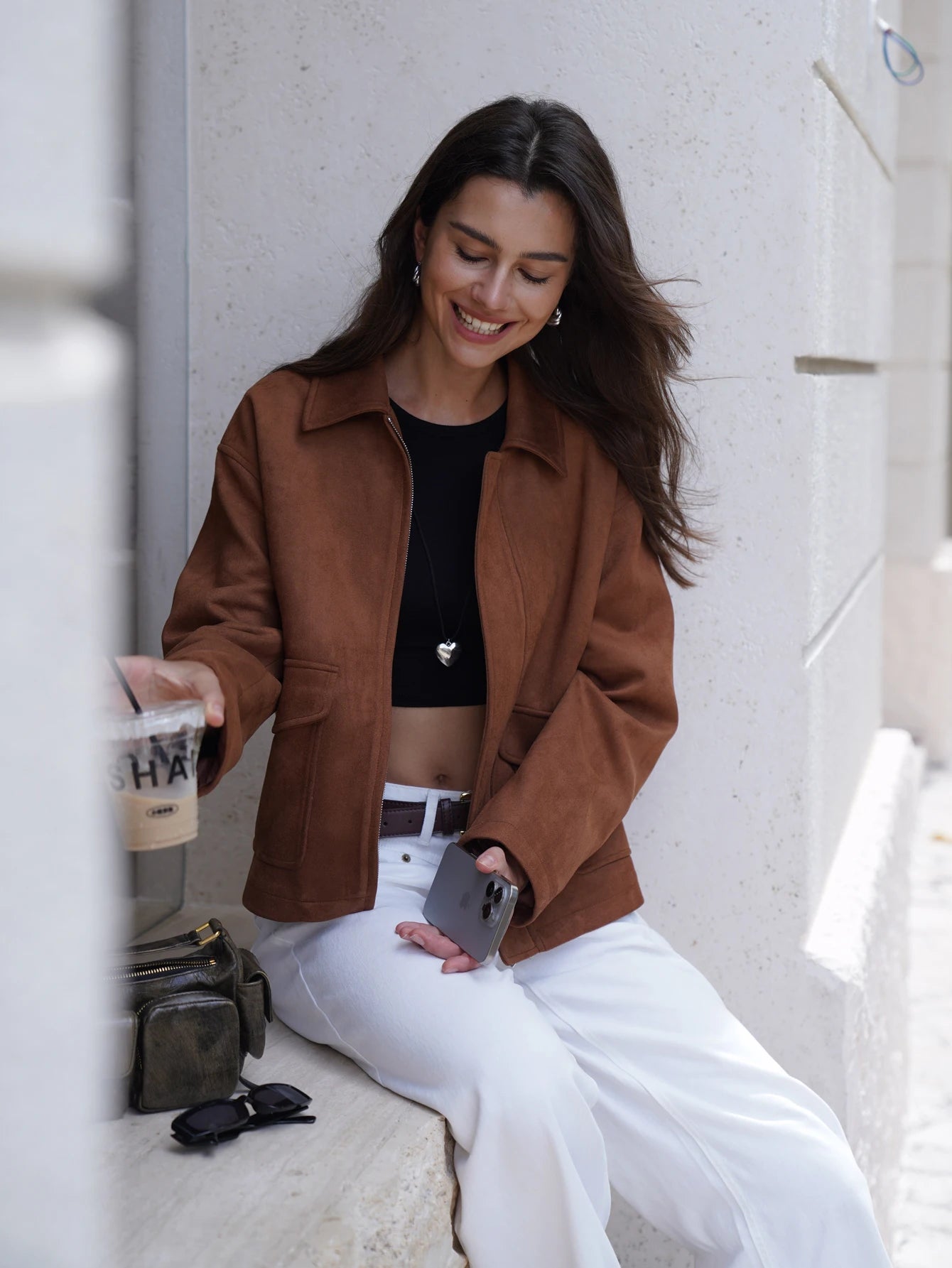 Women Fashion Basic Short Suede Pockets Jacket and Coat