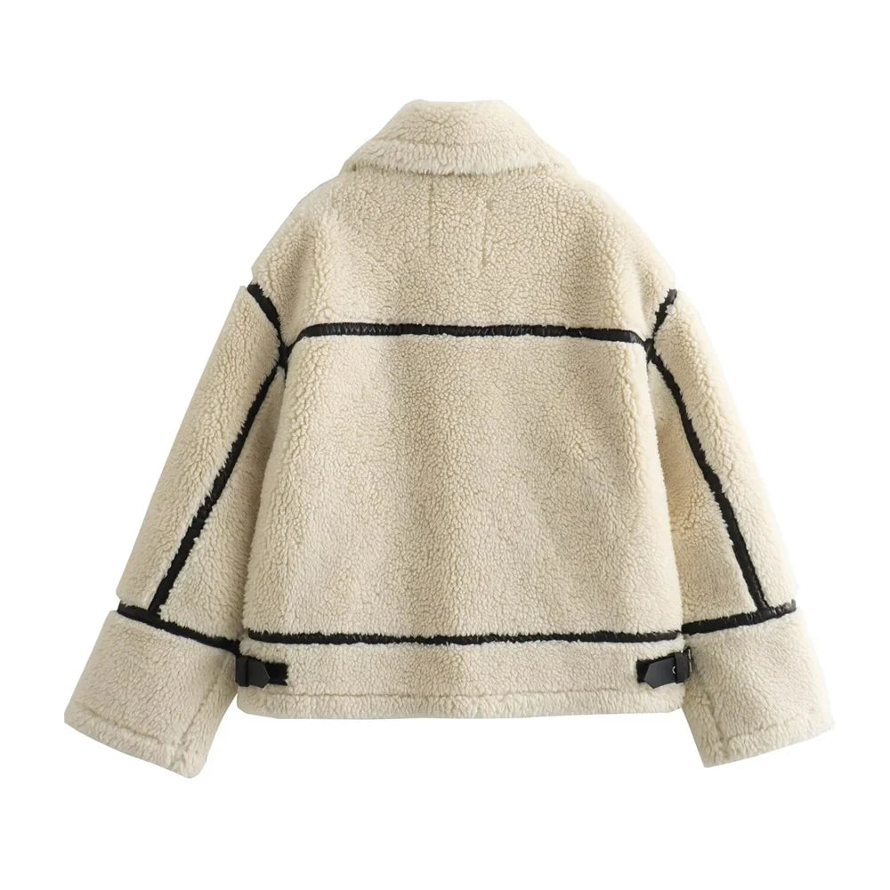 New Women's European and American Style Artificial Fur Effect Motorcycle Jacket Coat