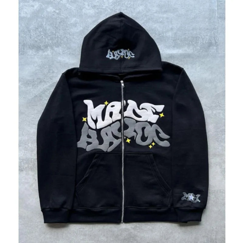 American Colorful Letter Print Zipper Hoodie Men Fashion High Street Oversized Sweatshirt Women Retro Casual Jacket