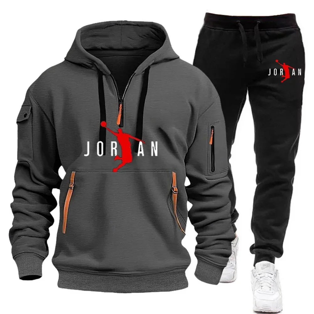 men's zipper multi-pocket hoodie loose casual sweater suit spring and autumn