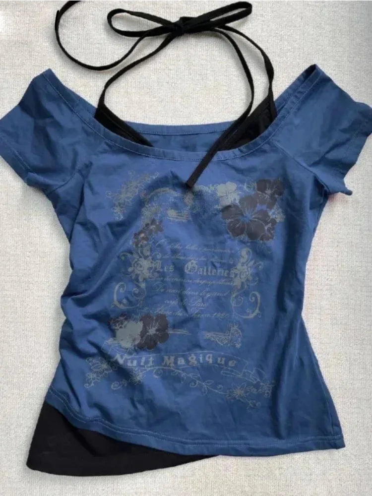 T-shirts Slim Fit Print Tops Women Off Shoulder Short Sleeve T Shirt
