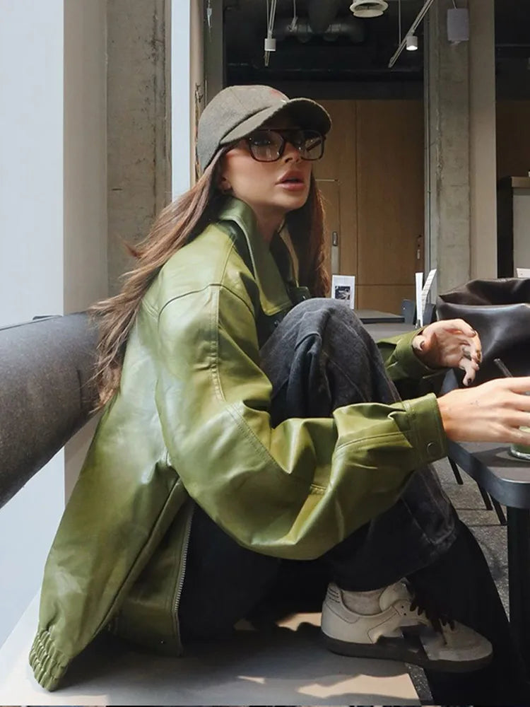 Women Chic Brown Leather Jacket With Belt Chic Long Sleeve Laple Zipper Short Coats