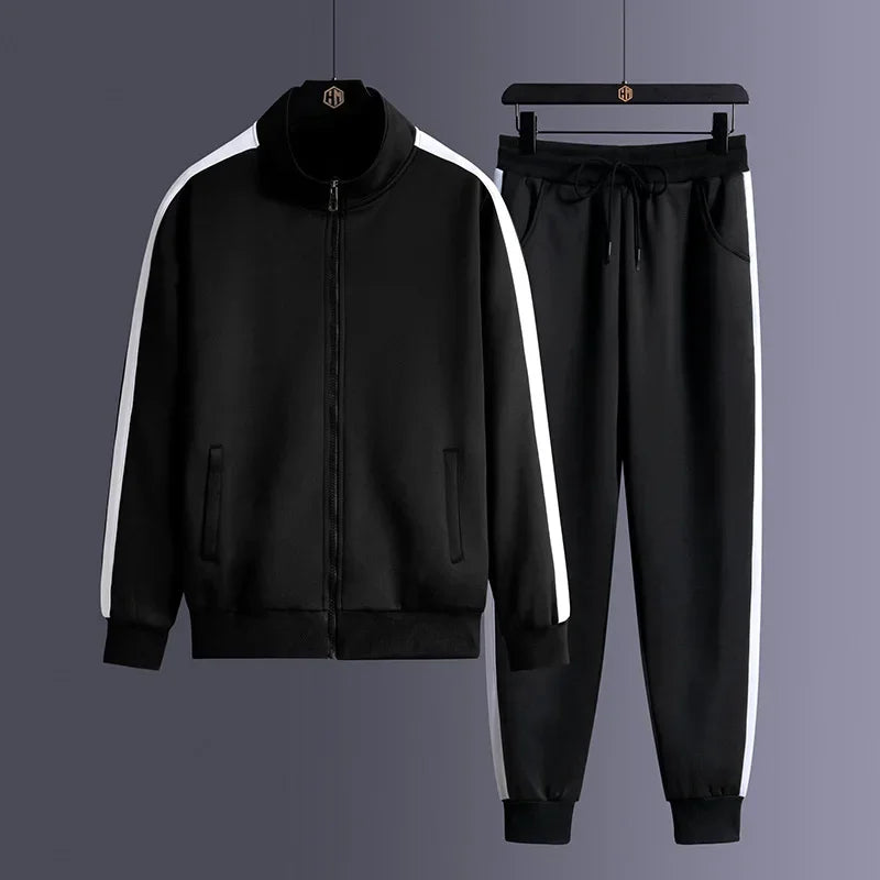 Men Zip Pocket Running Sets Striped Sporting Suit Jacket+ Sweatpants