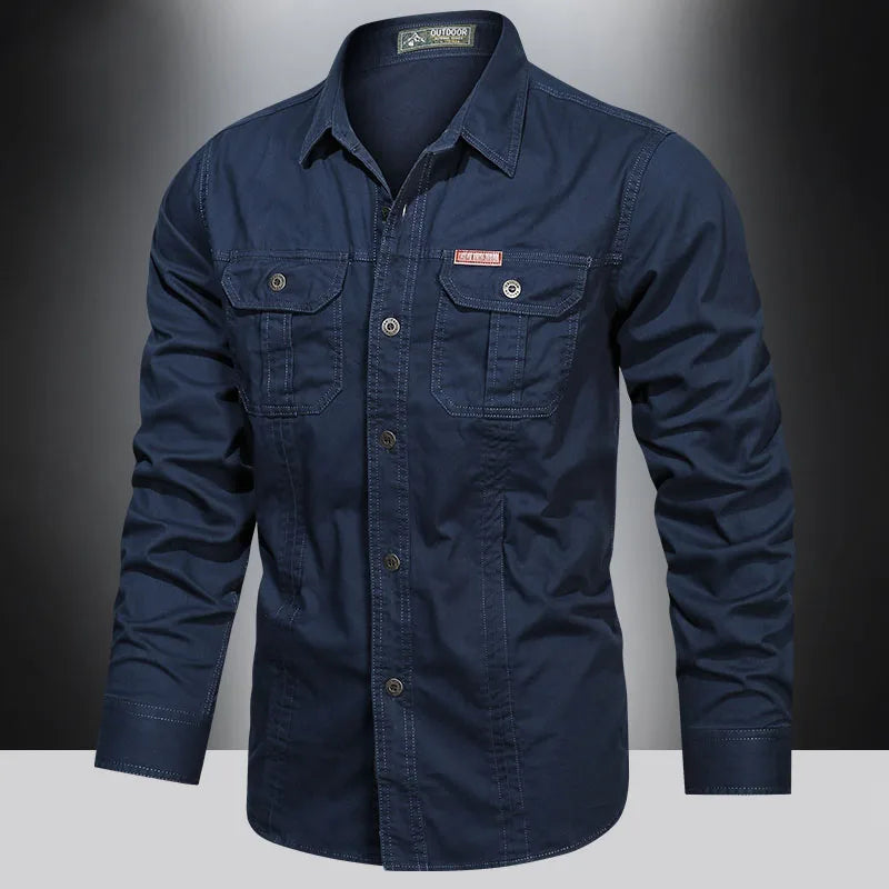 Spring Cotton Cargo Shirt for Men Long Sleeve Multi-Pocket Shirts