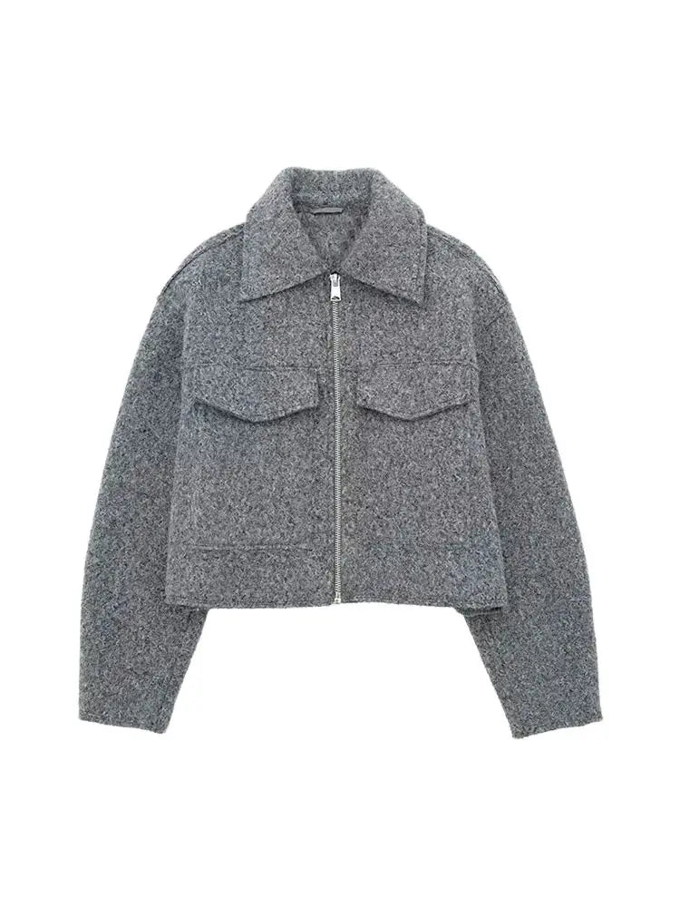 Women Fashion Patch Pockets With Flaps Cropped Jacket Coat