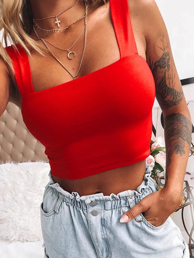 Square Neck Sleeveless Summer Crop Top White Women Black Casual Basic T Shirt