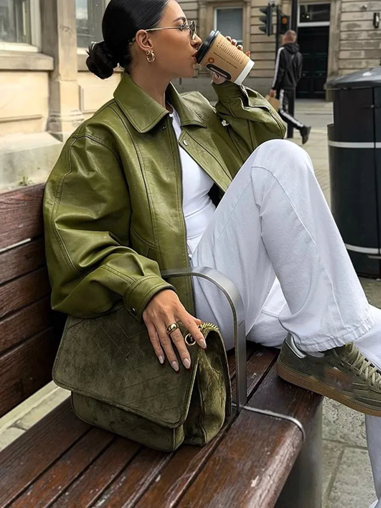 Fashion Green Loose Leather Jackets Women's Long Sleeve Short Coats