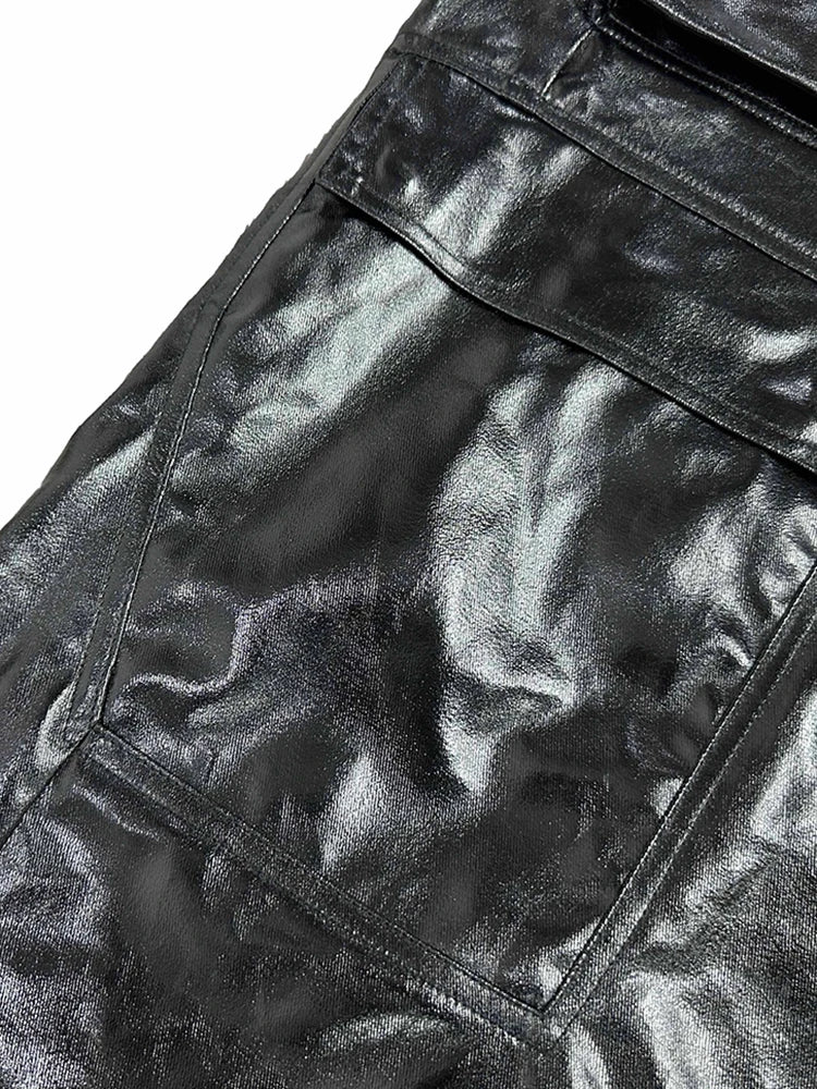 Autumn Cool Black Shiny Reflective Leather Wide Leg Pants for Men