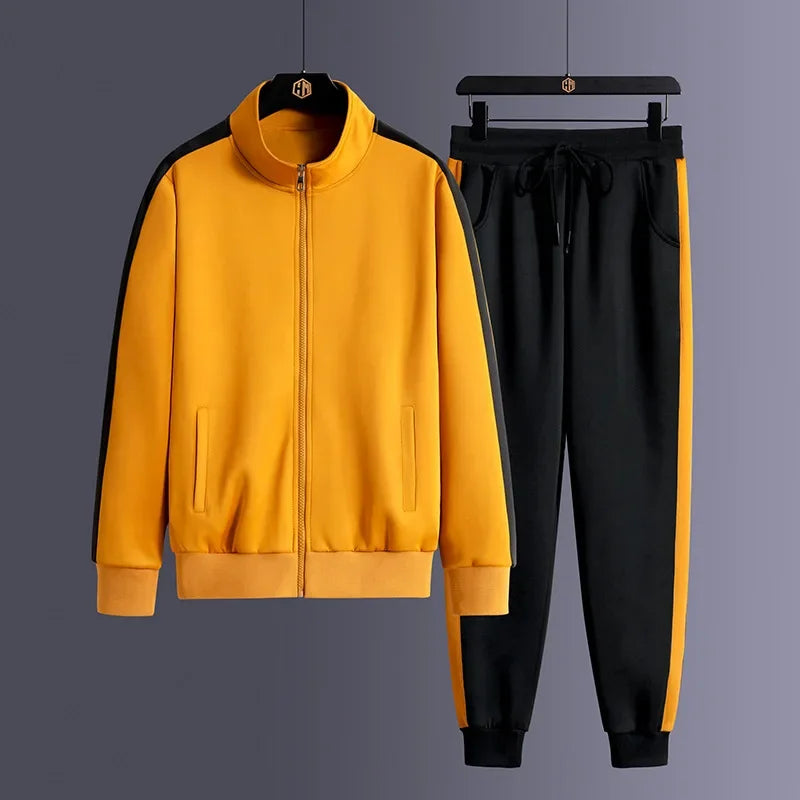 Men Zip Pocket Running Sets Striped Sporting Suit Jacket+ Sweatpants