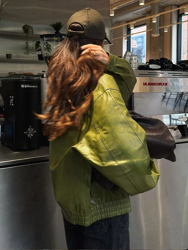 Fashion Green Loose Leather Jackets Women's Long Sleeve Short Coats