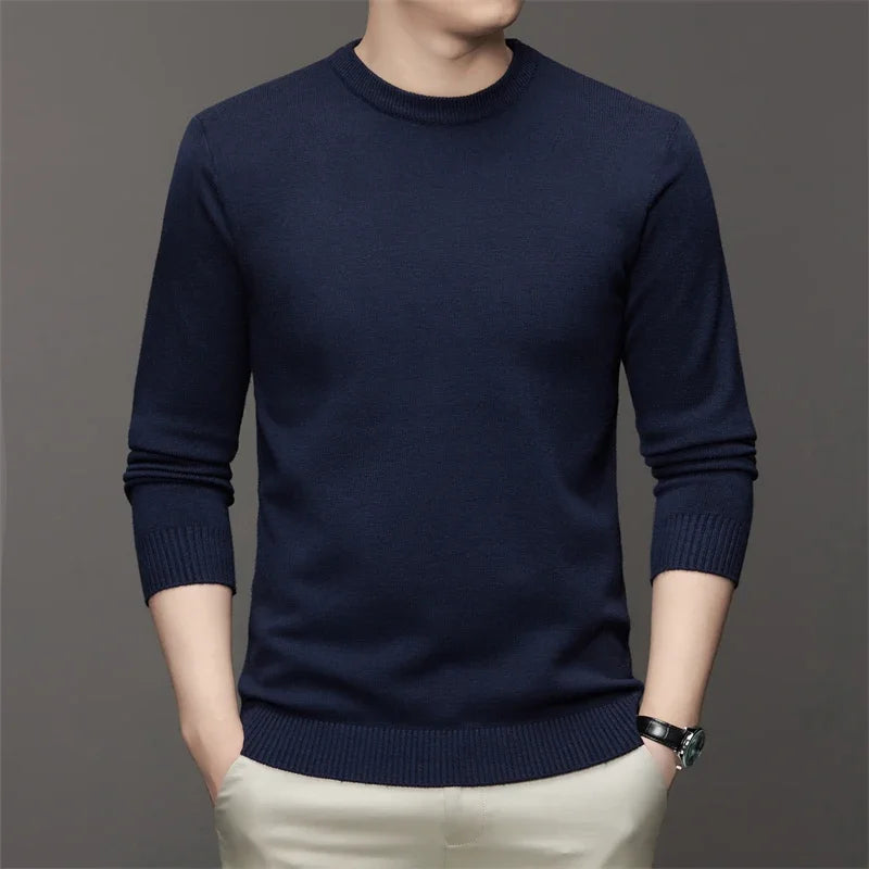 Men's Round Neck Long Sleeved Solid Color Sweater