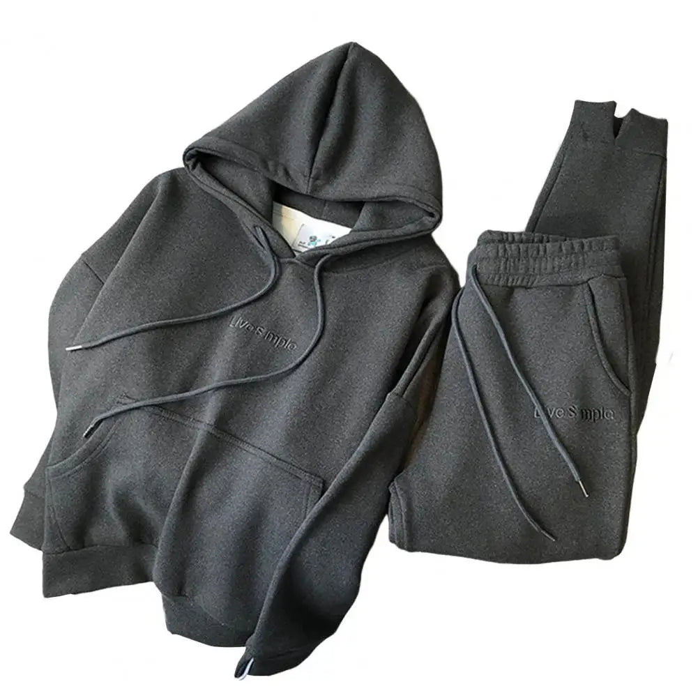 Top Trousers Set Shrinkable Solid Color Women Hoodie Jogging Pants