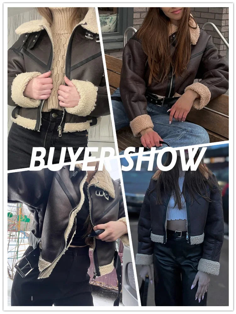 Women Streetwear Faux Lamb Leather Short Jacket with Belt